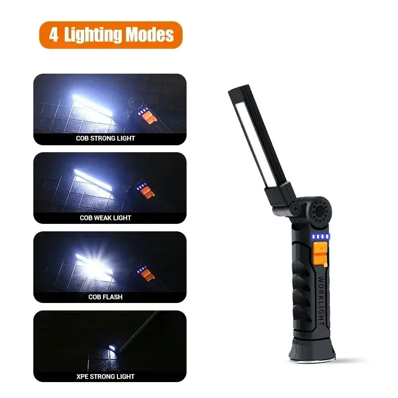 LED work light featuring 4 lighting modes: COB strong, COB weak, COB flash, and XPE strong light.