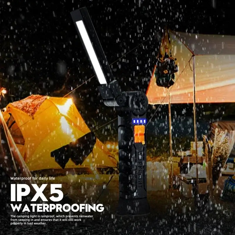 Multifunctional portable LED work light with IPX5 waterproof, ideal for camping and outdoor use.