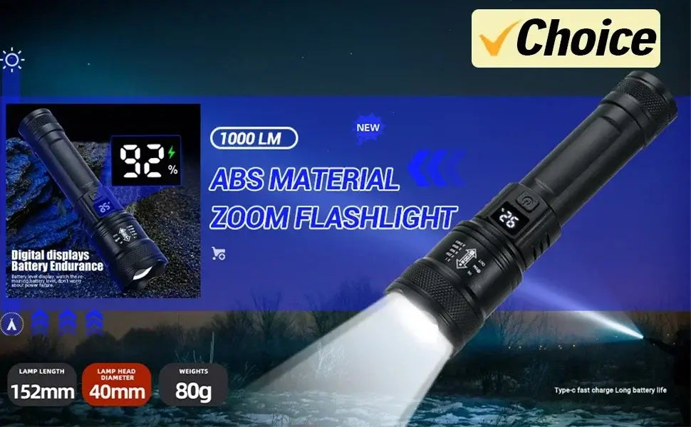 1000 LM zoom flashlight made of ABS material, featuring digital display for battery endurance and bright light beam.