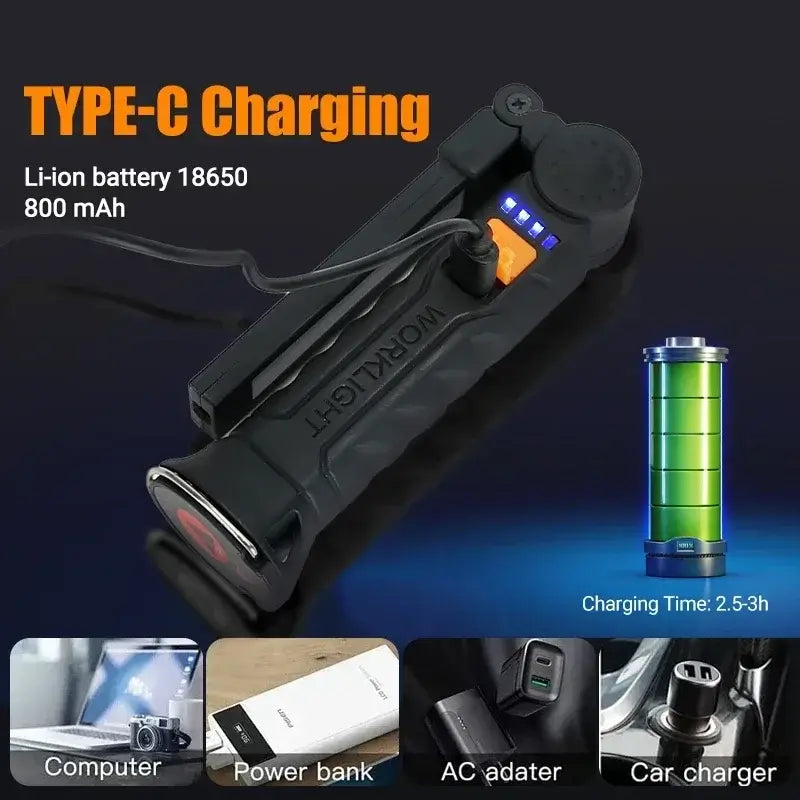 Portable multifunctional work light with Type-C charging, 800 mAh Li-ion battery, and charging time of 2.5-3 hours.