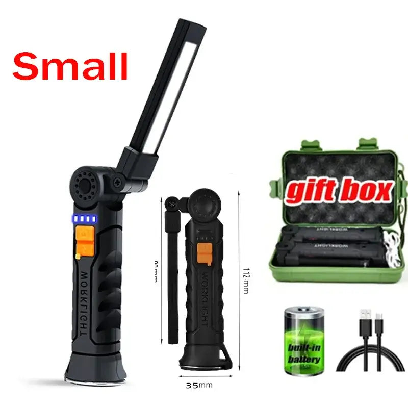 Multifunctional LED work light in gift box, USB rechargeable, compact design for portable use and emergency situations.