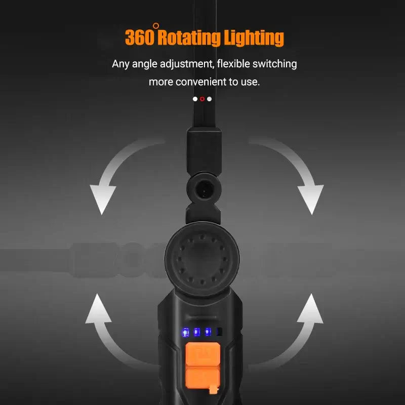 360-degree rotating lighting for flexible use of the multifunctional portable work light.