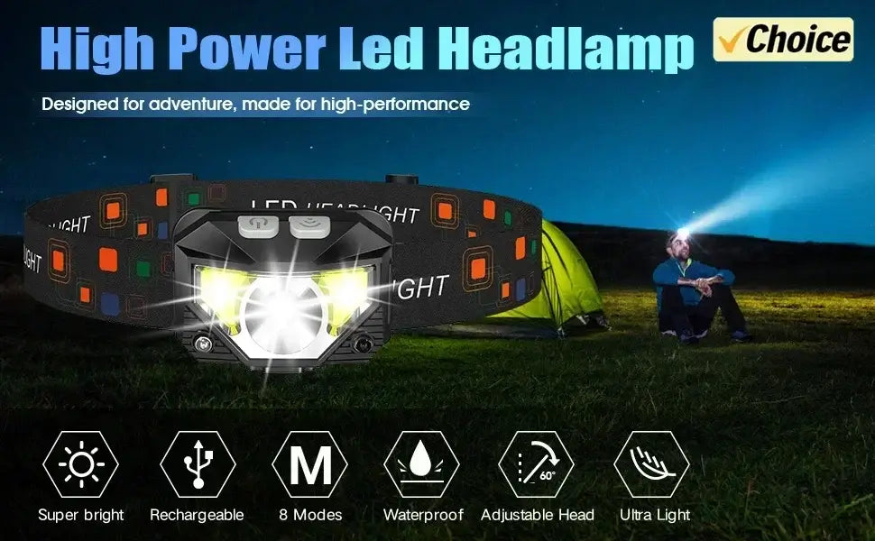 High power LED headlamp designed for adventure, featuring super bright, rechargeable, 8 modes, waterproof, adjustable head, and ultra-light.