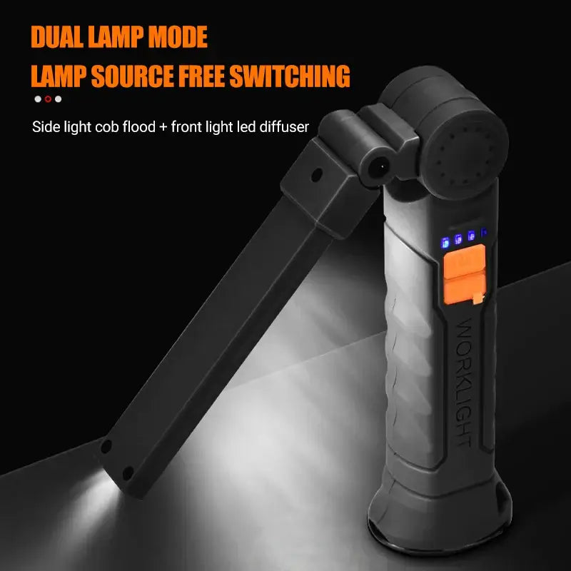 Portable multifunctional work light with dual lamp mode and adjustable floodlight, ideal for emergencies and outdoor use.