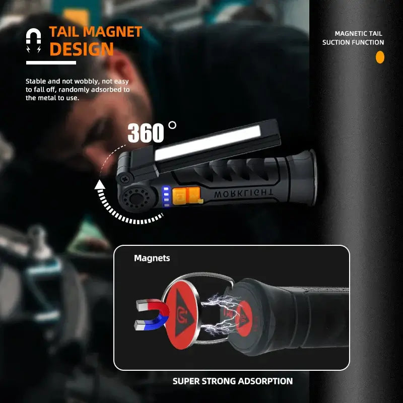 360-degree tail magnet design of a portable LED work light with strong suction for hands-free use.