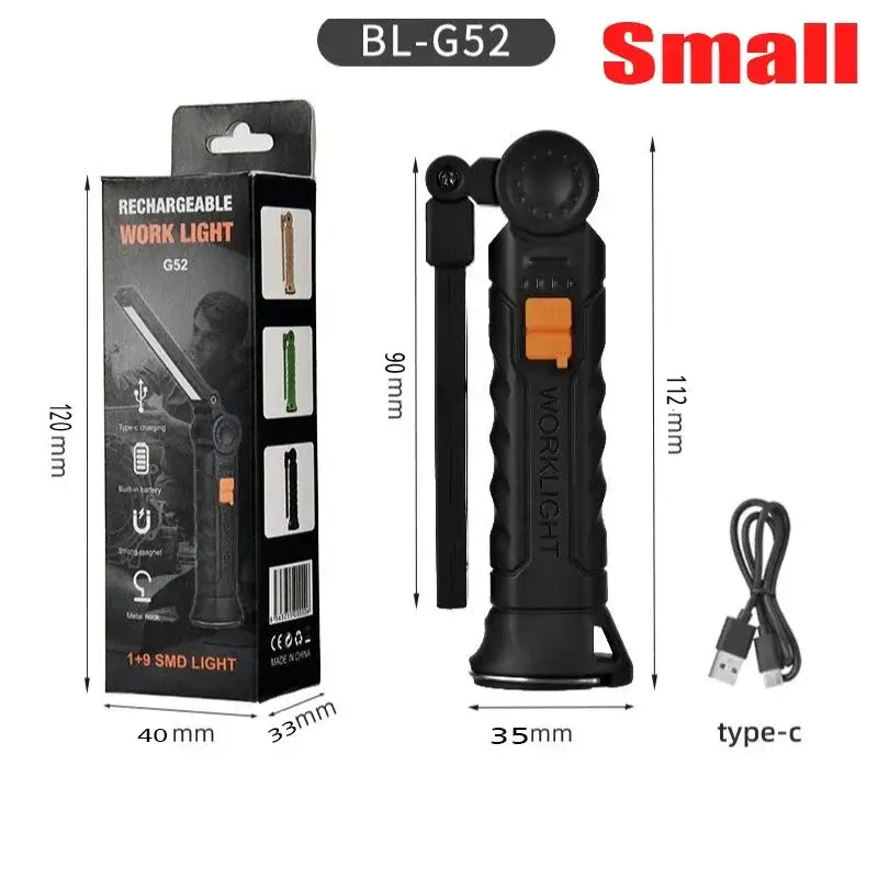 Rechargeable work light BL-G52 with 360-degree rotation, USB charging, and compact design, ideal for emergencies and camping.