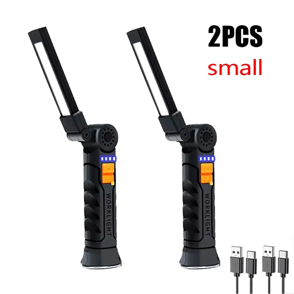 Two portable USB rechargeable LED work lights with adjustable arms, featuring multiple brightness modes and a compact design.