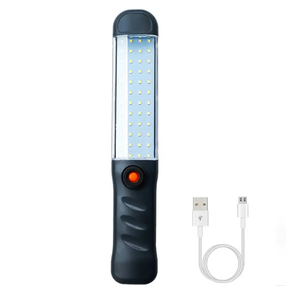 Multifunctional LED work light with USB charging, featuring COB and LED light modes, ideal for camping and emergency use.