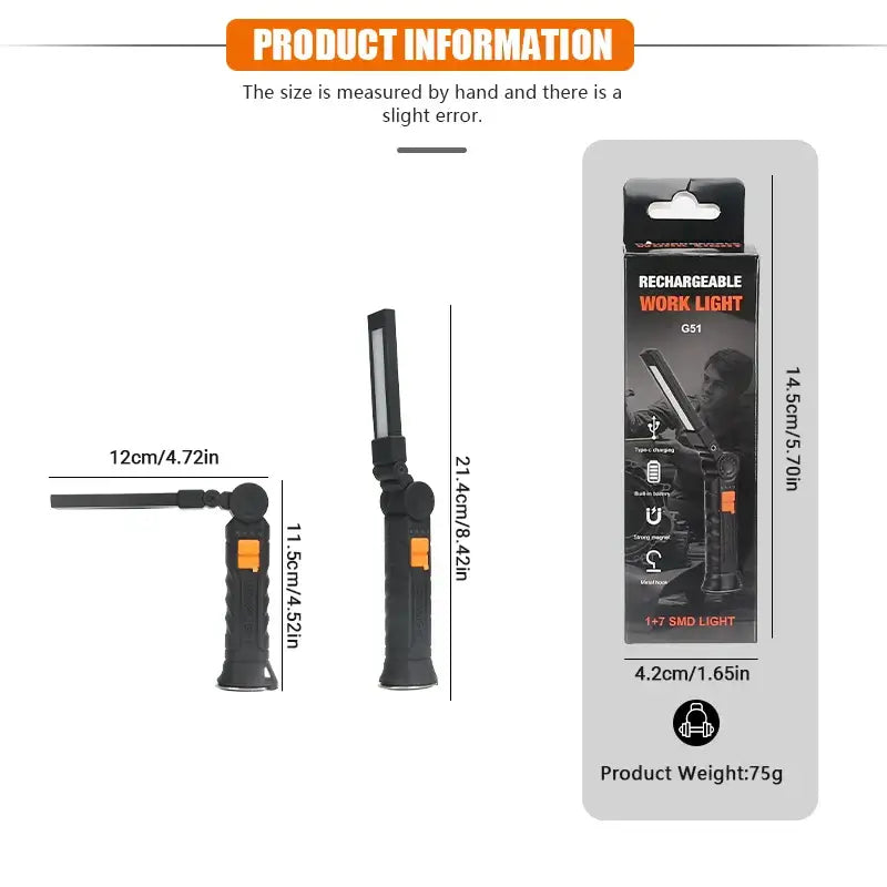 Multifunctional rechargeable work light dimensions and product details with USB charging and multiple modes.