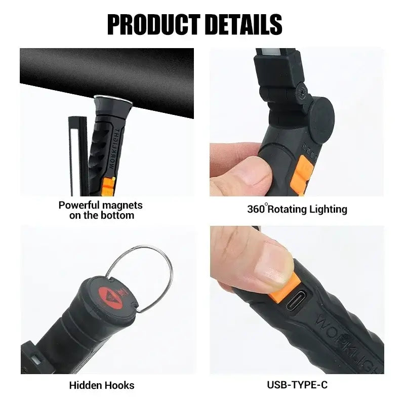 Multifunctional work light features: powerful magnets, 360° rotation, hidden hooks, and USB Type-C charging.