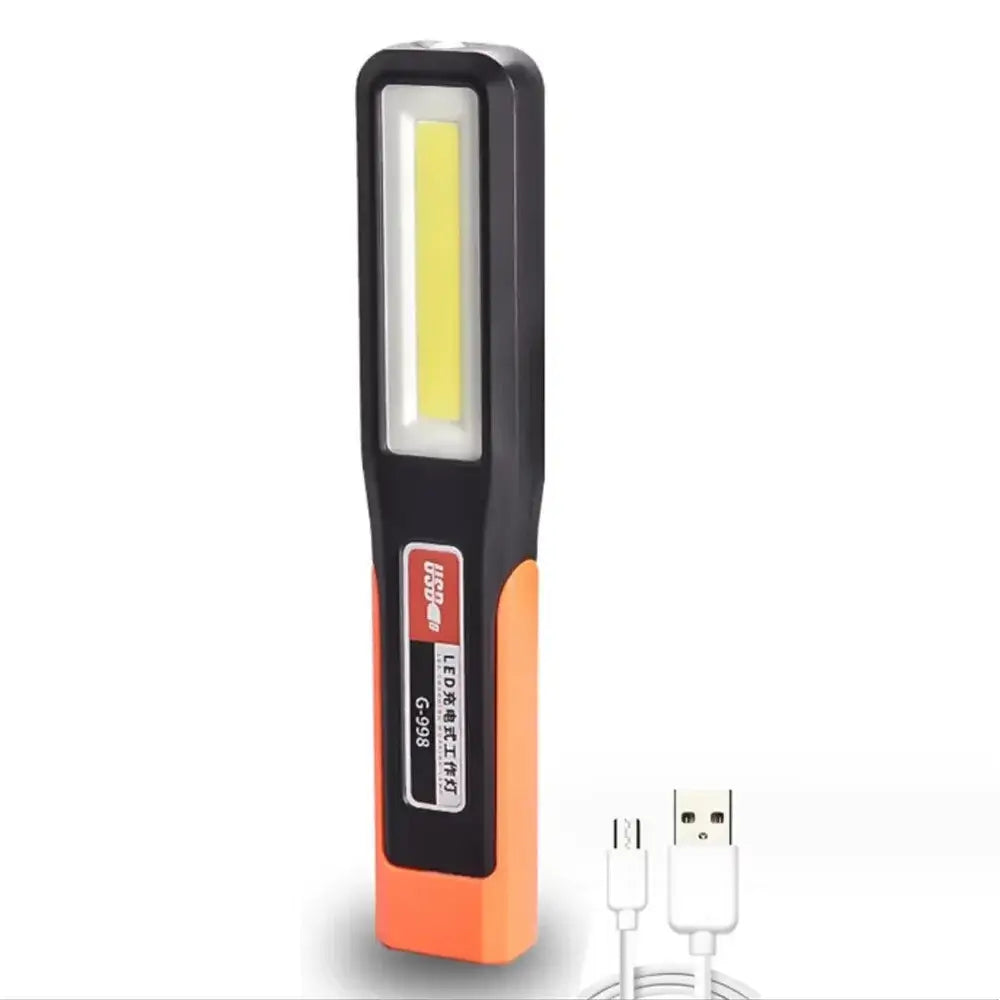 Multifunctional LED work light with USB rechargeable feature, compact design for portable use.