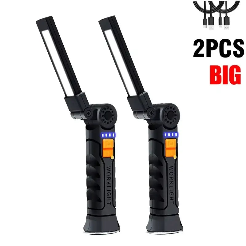 Set of 2 multifunctional LED work lights with adjustable heads and USB rechargeable features.