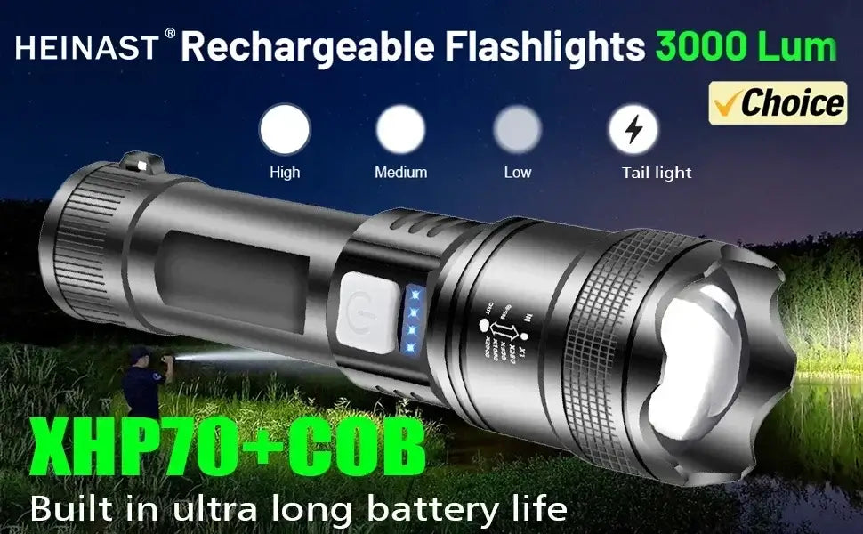 Heinast rechargeable flashlight featuring XHP70 and COB technology, 3000 lumens, with multiple brightness levels and long battery life.