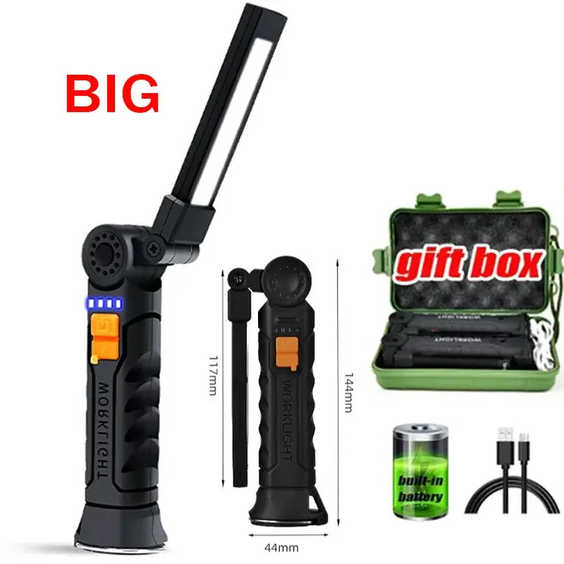 Multifunctional portable LED work light with rechargeable battery, magnetic base, and gift box packaging.