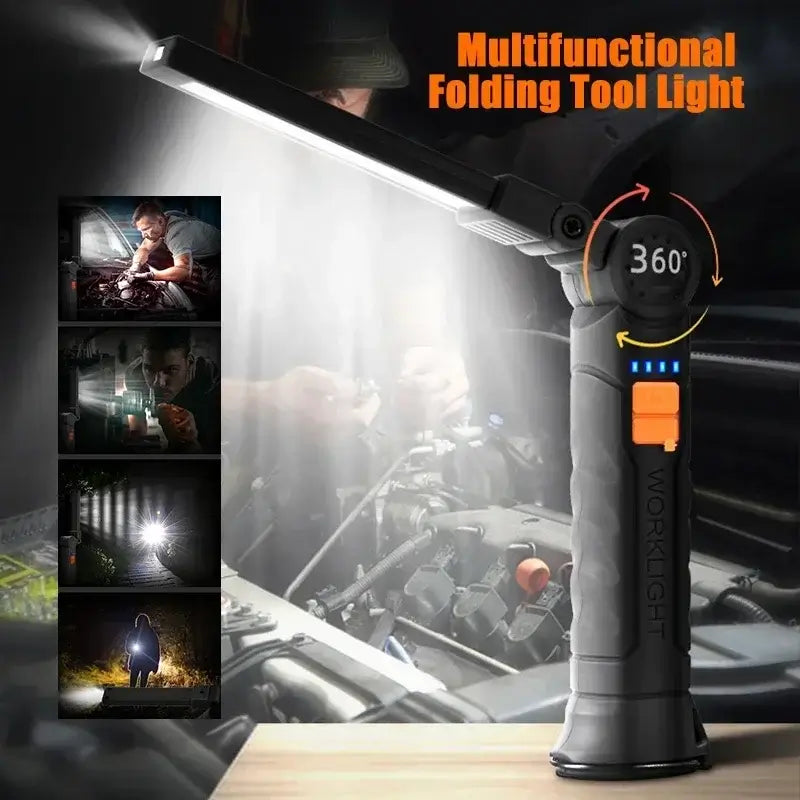 Multifunctional folding LED work light with 360-degree rotation, ideal for emergency, camping, and repairs.