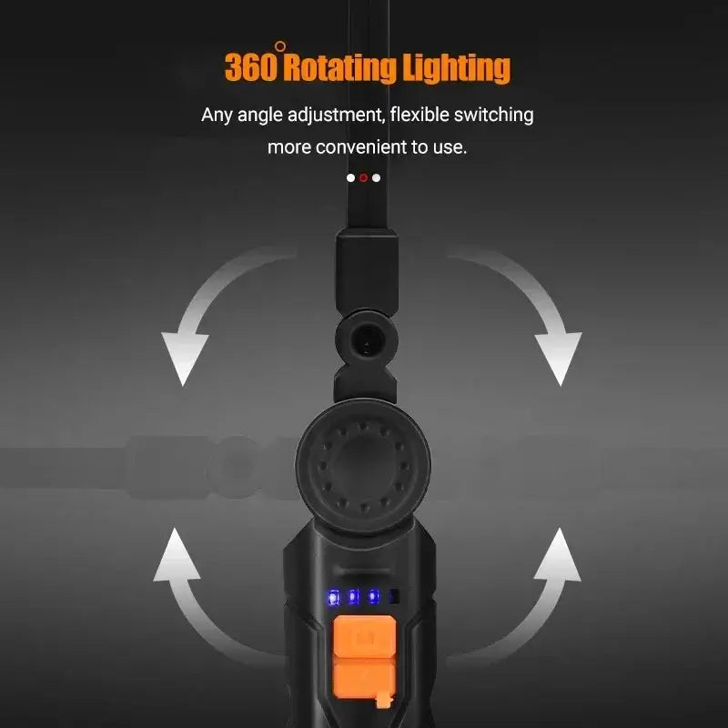 360° rotating lighting feature for flexible angle adjustment on a portable LED work light.